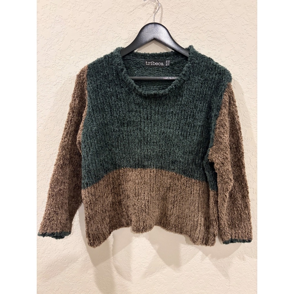 Vintage Tribeca Colorblock Popcorn Knit Sweater Green Brown One Size Made in USA